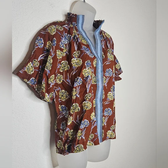 THML Boho Floral Coffee Brown Stripe Detail Ruffle High Neck Short Sleeve Top - Picture 2 of 9